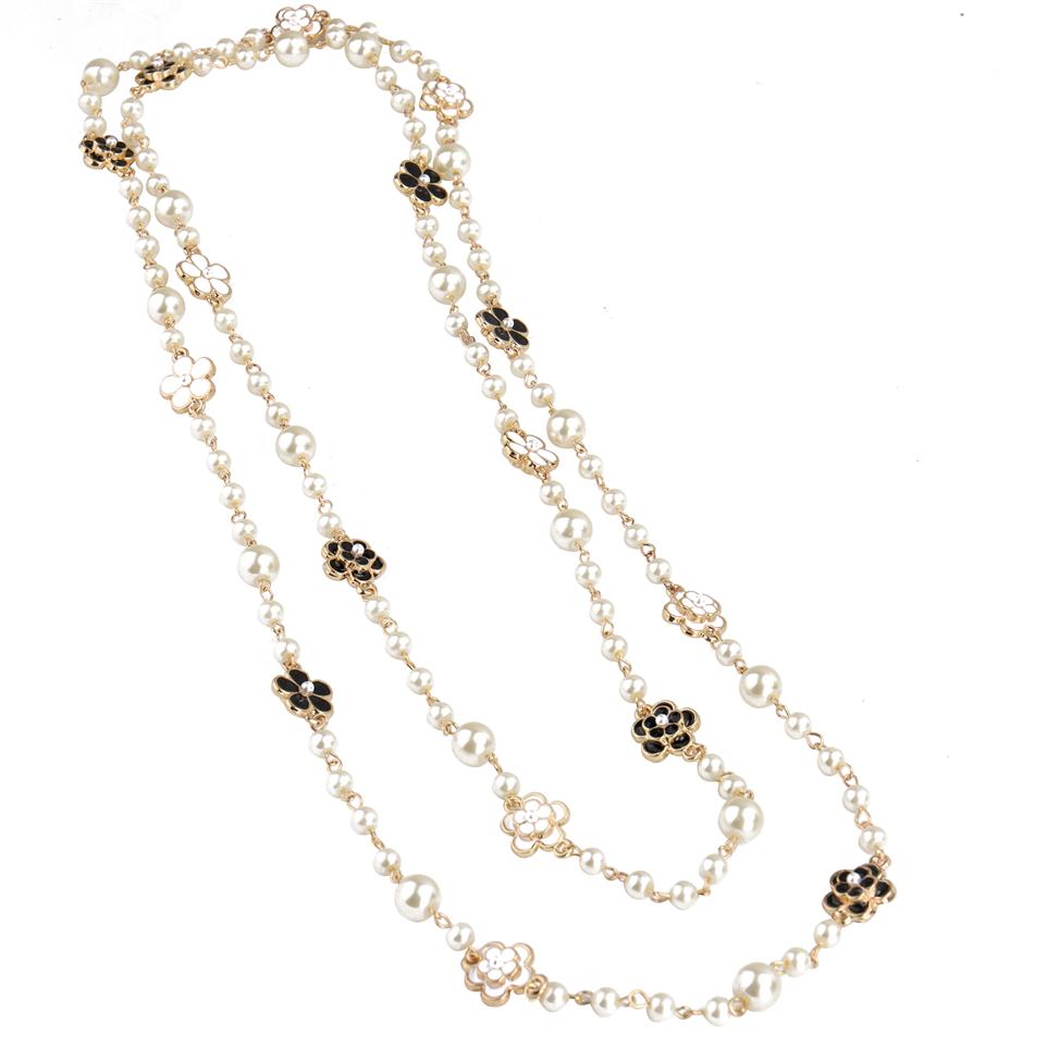 

New fashion luxury designer classic style elegant flowers white pearls long chain sweater statement necklace for woman234c