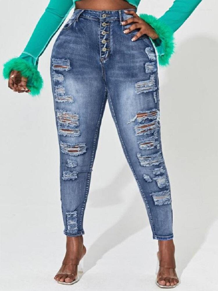 

Women's Jeans Women Spring Summer Denim Button High Waist Slim Bodycon Ripped Hole Stretch Pencil Pants, Blue