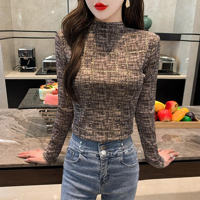

Women' T Shirts Vintage Plus Size Fall Clothing Bronzing Mesh Tops Women 2022 Plaid Print Harajuku Long Sleeve Tee Shirt Femme Mock Neck, Short sleeve