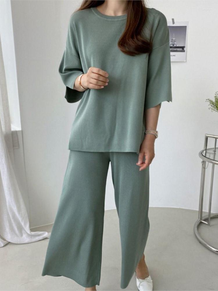 

Women's Two Piece Pants Women Casual Sweater Knitted Suit Female Spring Set Pullover Long Sleeve Top & Wide Leg, Green
