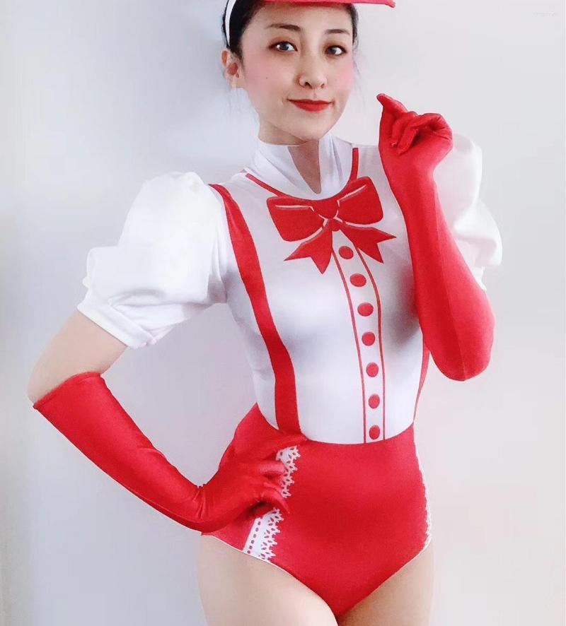 

Women's Two Piece Pants Fashion Red White Teacher Costume Bodysuit Gloves Outfit Female Dancer Leotard Nightclub Party Sexy Clothing