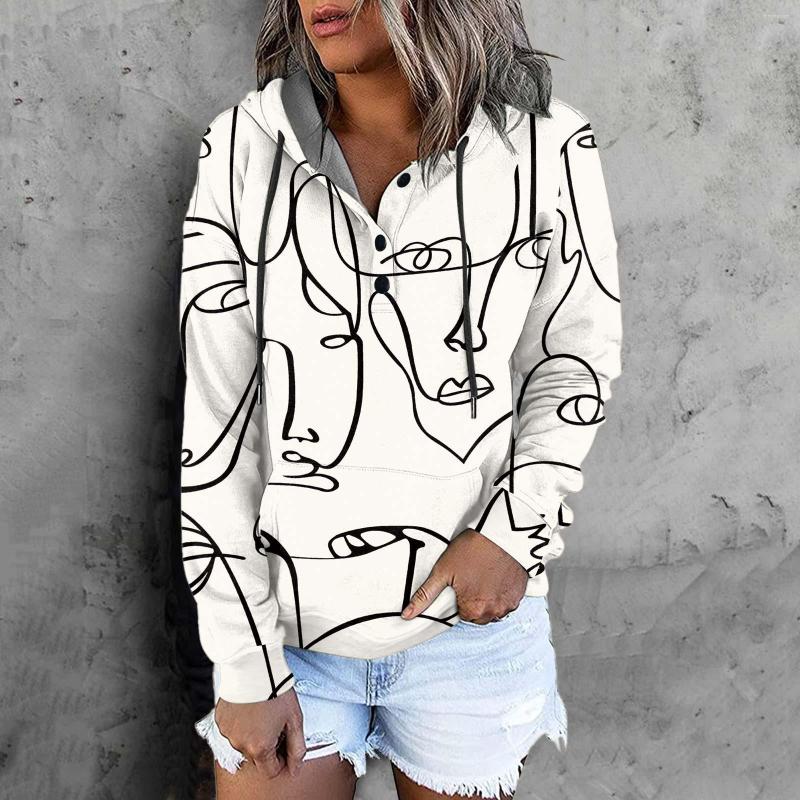 

Gym Clothing Abstract Print Sweatshirts Womens Casual Hoodies Long Sleeve Sweatshirt Drawstring Pullover Button Up Tops With Pocket