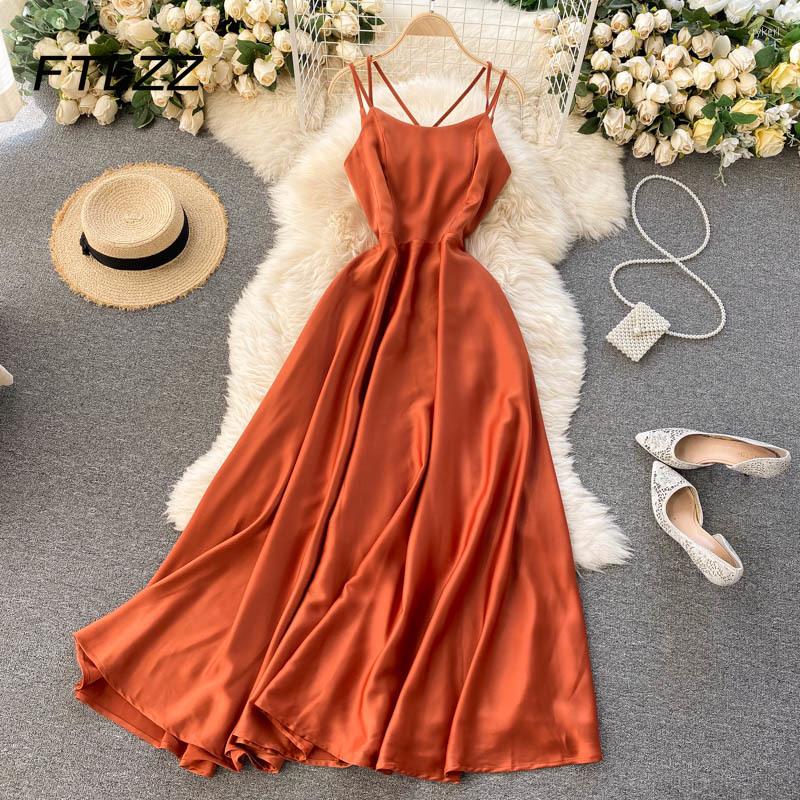 

Casual Dresses French Satin Dress Women Slim A Line Backless Bandage Boho Sexy Woman Elegnat Party Long Robe Vestidos De Mujer, Orange