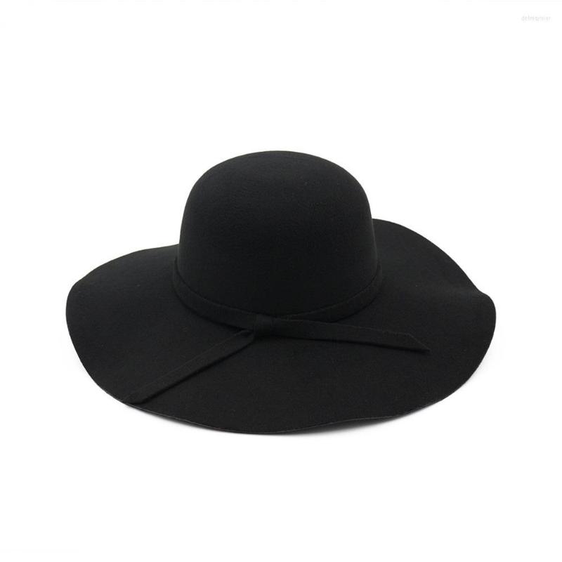 

Berets Vintage Elegant Lady Women Girl Fashion Wide Brim Floppy Felt Hat Party Wool Bowler Cap Cloche Sombrero Top HF101, Black