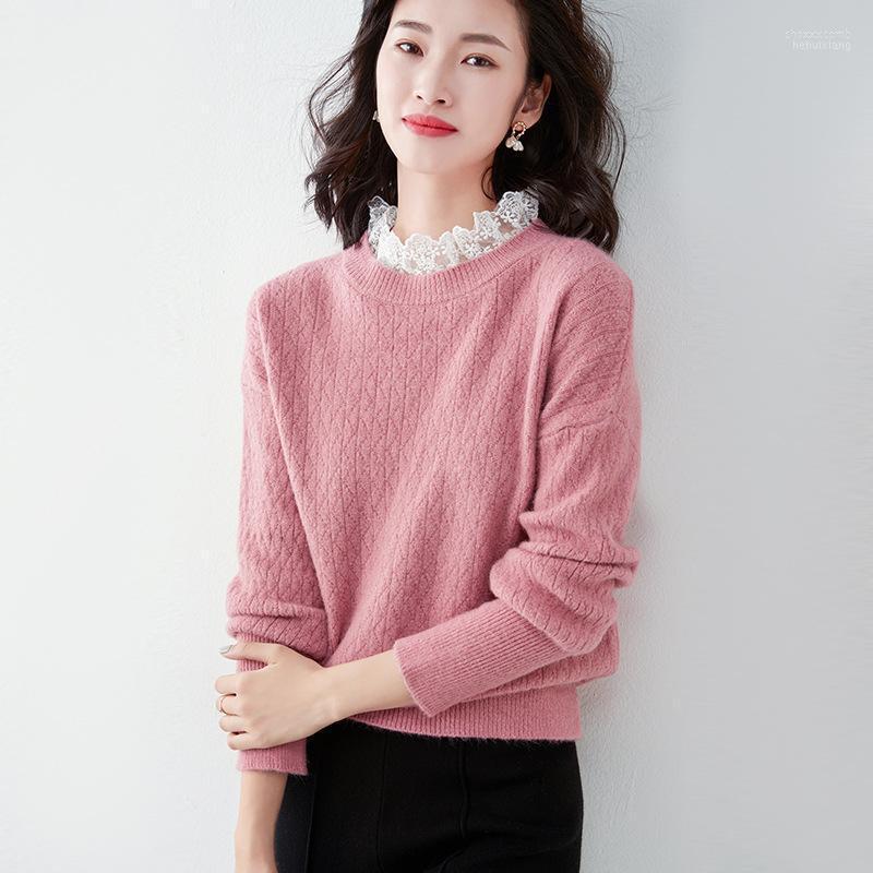 

Women' Sweaters Women' 2022 Autumn Spring Women Sweater Patchwork Lace Fashion Long Sleeve Casual Kintted Pullovers Female Pink Loose, Yellow