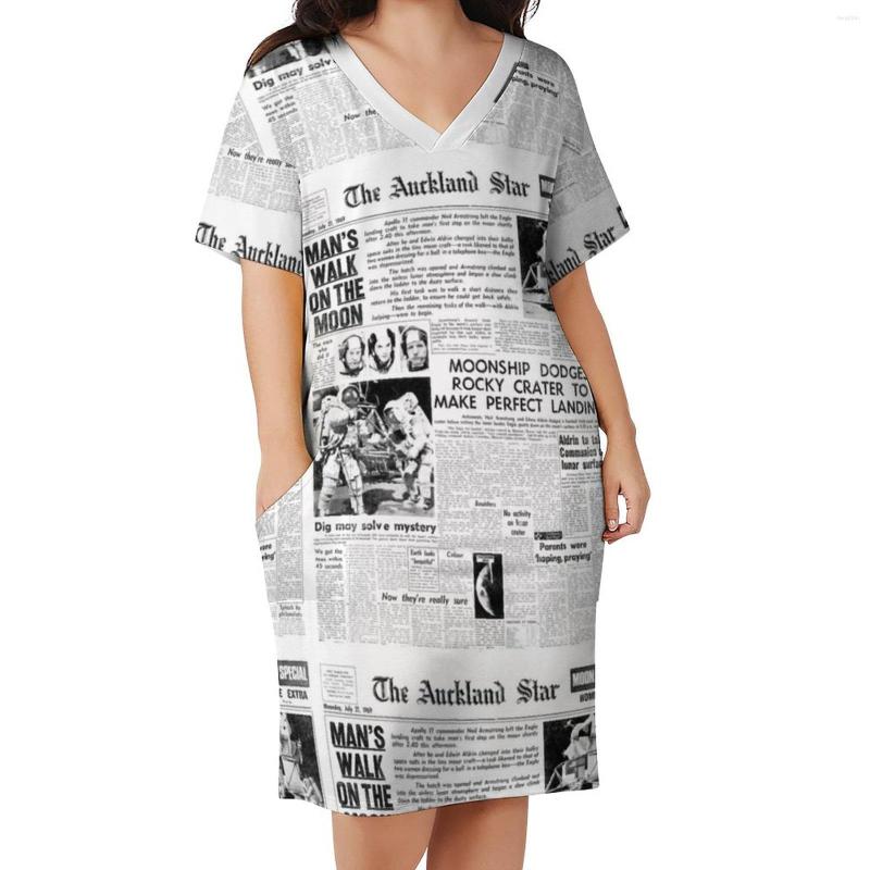 

Plus Size Dresses Spaper Headlines Dress Historic Moon Landing Aesthetic Casual Ladies Summer V Neck Trendy Gift, Style-4