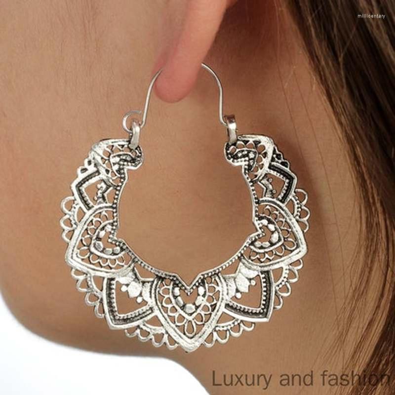 

Hoop Earrings Vintage Gold Silver Color Metal Dangle Hollow For Women Geometric Carved Ethnic Earring Jewellery Brinco
