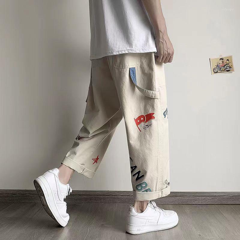 

Men' Pants Male Trend Cartoon Big Pocket Print Men Fashion Loose Wide Leg Baggy Casual Student Trousers Spring Summer 2022, Light khaki