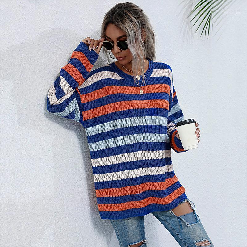 

Women' Sweaters Women' Striped Knitted Sweater For Women Fashion Loose Oversize Female Streetwears Style Pullover Long Sleeve Winter, Blue and orange
