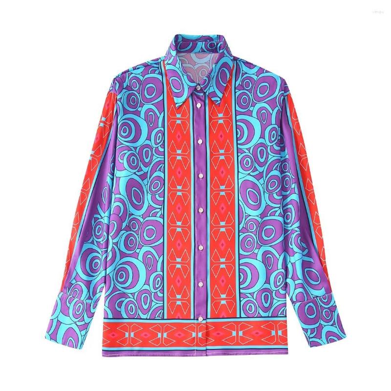

Women's Blouses 2022 Fashion Single-Breasted Soft Touch Shirts Loose Blue Vintage Printing Long Sleeve Button-up Female Chic Tops