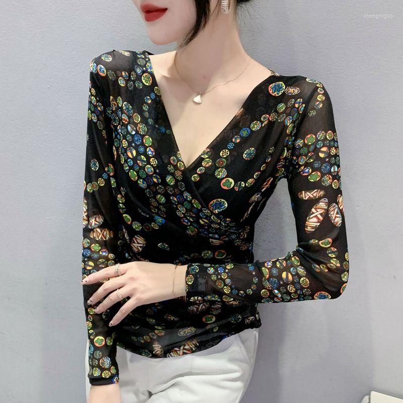 

Women's T Shirts Women Sexy V Neck Ruched Mesh Top Wrap Long Sleeves Shirt For 2022 Early Autumn Fashion Printing Bottoming Tee, The picture color