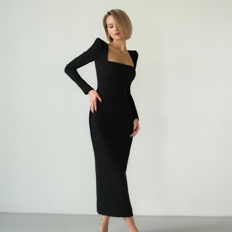 

Casual Dresses Luxury Bodycon Dress Stretch Square Neck Long Sleeve Party Women Spring Slender Split Mid-Calf Sexy, Black