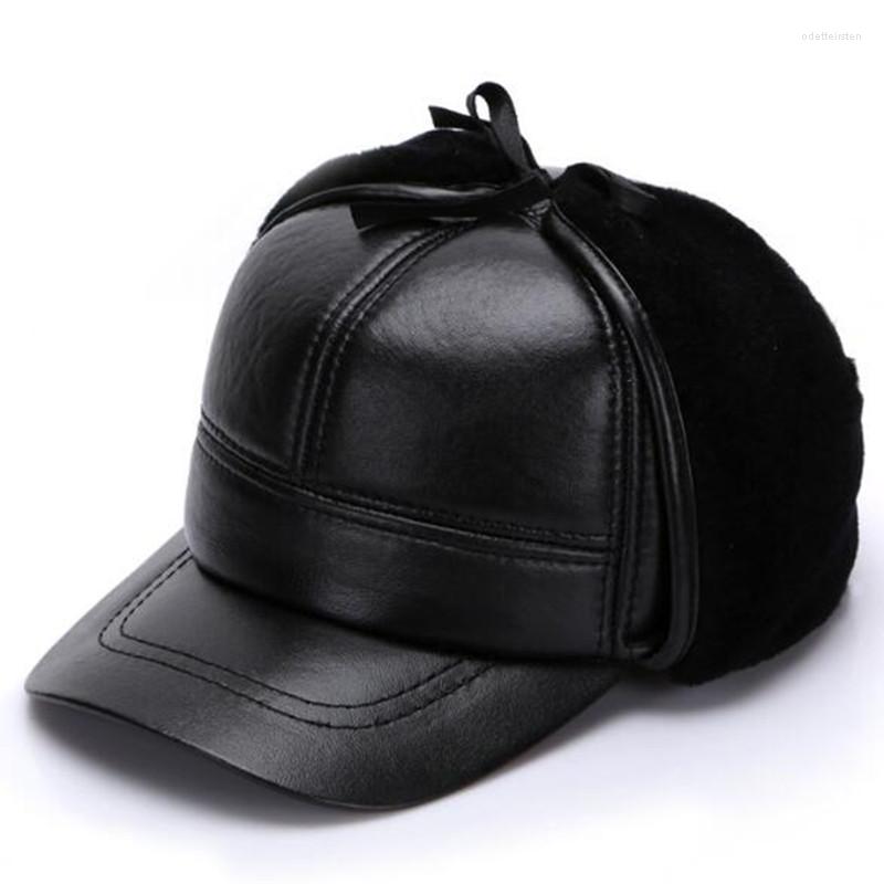 

Berets 2022 Winter Men's Warm Velvet Fur Bomber Hats Natural Genuine Leather Cap Sheepskin Earmuffs Caps Dad Hat, Black