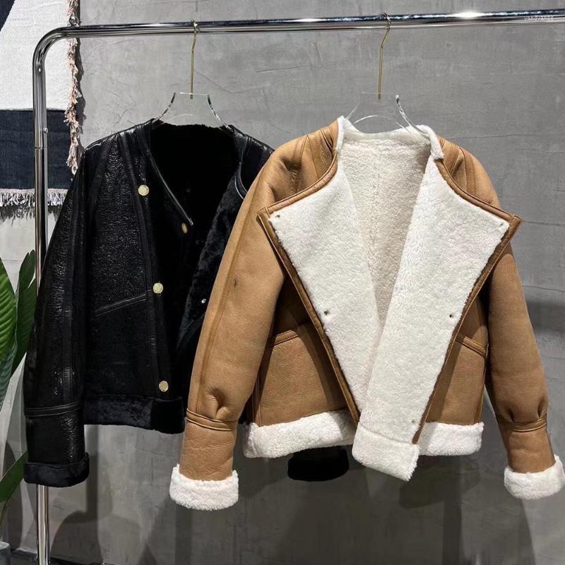 

Women' Leather Shearling Jacket Women Lamb Fur Cloth Ladies Real Coat, As show