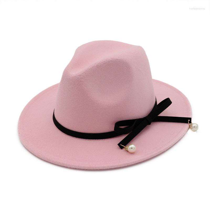 

Berets Winter European American Round Caps Bowler Hats Feminino Black Belt Imitation Woolen Women Men Ladies Fedoras Top Jazz Hat HF108, Pink