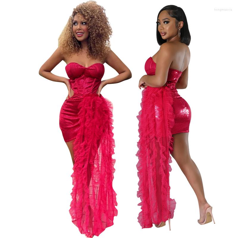 

Casual Dresses Adogirl Mesh Ruffles Ribbon Sequins Mini Party Dress Women Sexy Sweatheart Strapless Cutout Backless Bodycon Night Club, Black