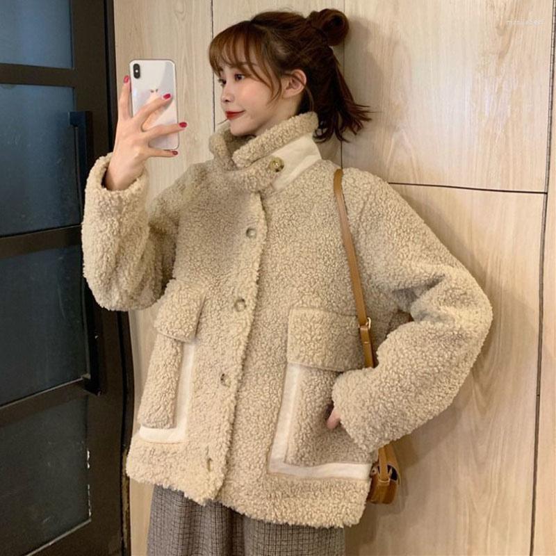 

Women' Fur Cashmere Jacket Loose Thicken Warm Casual Overcoat Korean Turn-down Collar Pocket Winter Lamb Wool Coat Women
