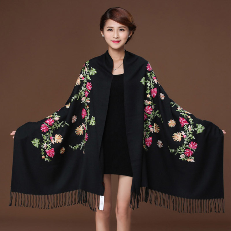 

Scarves Black Embroider Flower Pashmina Cashmere Scarf For Women Winter Warm Fine Tassels Shawl Fashion 111819 221119