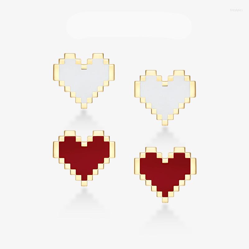 

Stud Earrings Fashion Real 925 Sterling Silver Yellow Gold Color Red And White Pixel Love Heart For Women Brand Jewelry