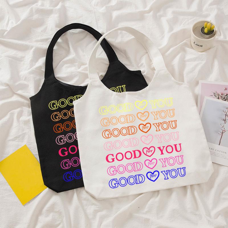 

Shopping Bags Women Letter Shopper Canvas Bag Vintage Casual Tote Shoulder For Girls Elegant Female Handbag Kpop Friendly, Black