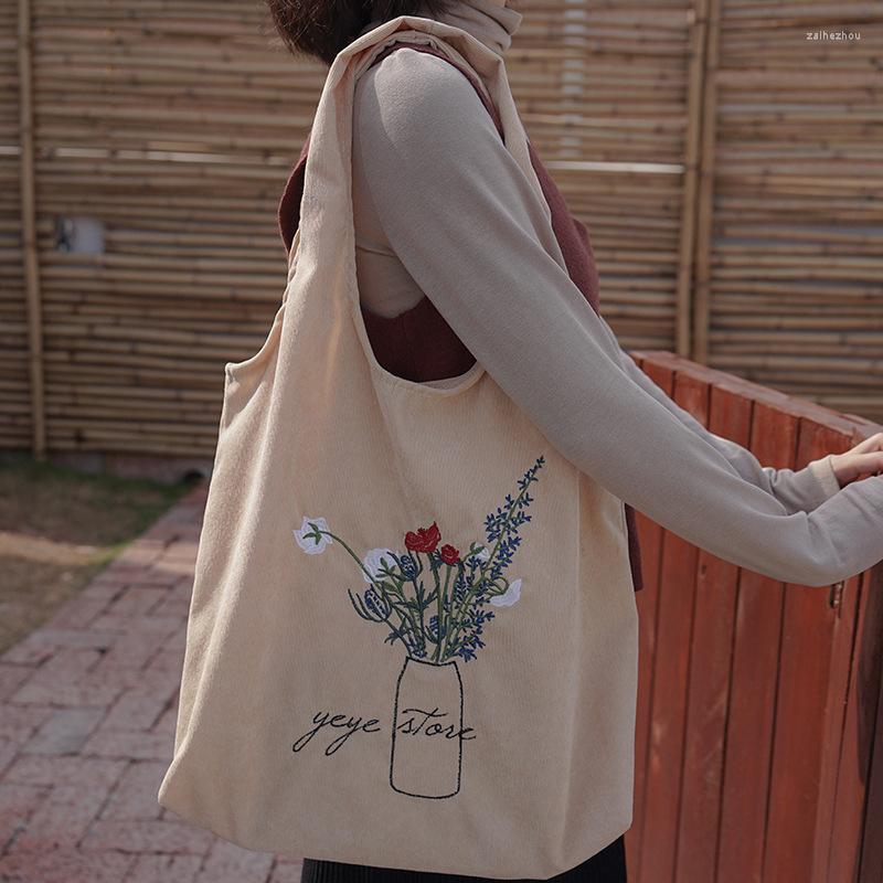 

Evening Bags Capacity Corduroy Women Shoulder Bag Embroidered Flower Cotton Tote Shopper Chic Eco Reusable Shopping Handbag Cloth, Beige