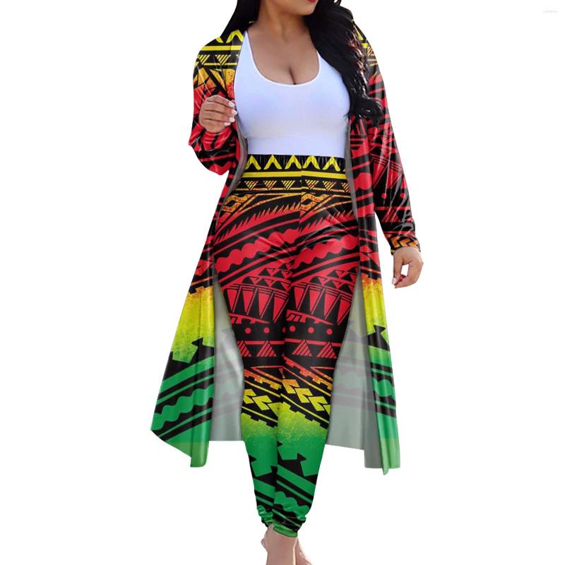 

Women's Two Piece Pants HYCOOL Gradient Samoa Polynesian Tattoo Pattern 2 Set Women Long Cardigan Outerwear For Open Front Jacket Coat, D58