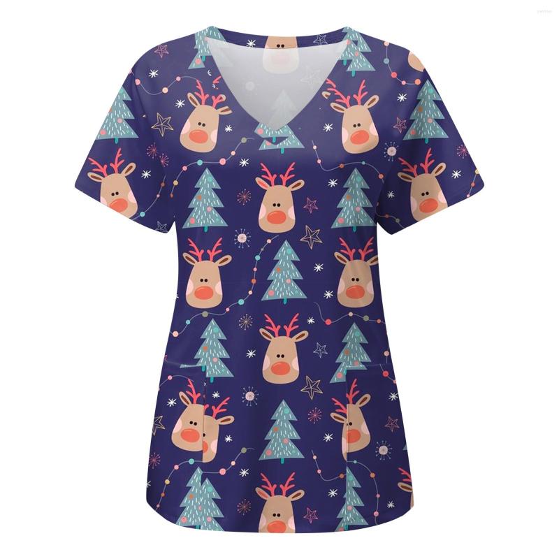 

Women' T Shirts Christmas Santa Womens Short Sleeve V Neck Printed Top Nurses Working Blouse With Pockets Juniors Active, Black
