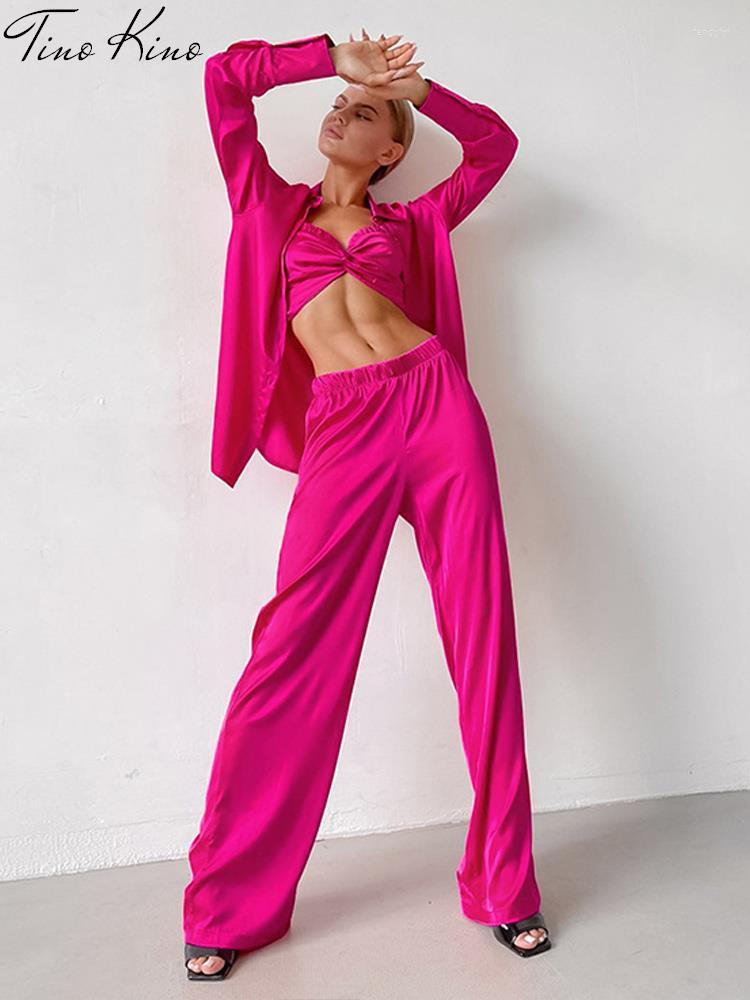 

Women' Two Piece Pants Women Satin Shirt Trousers Three Set Casual Vest Wide Leg Suit Female 2022 Summer Lady Streetwear Outfits, Green