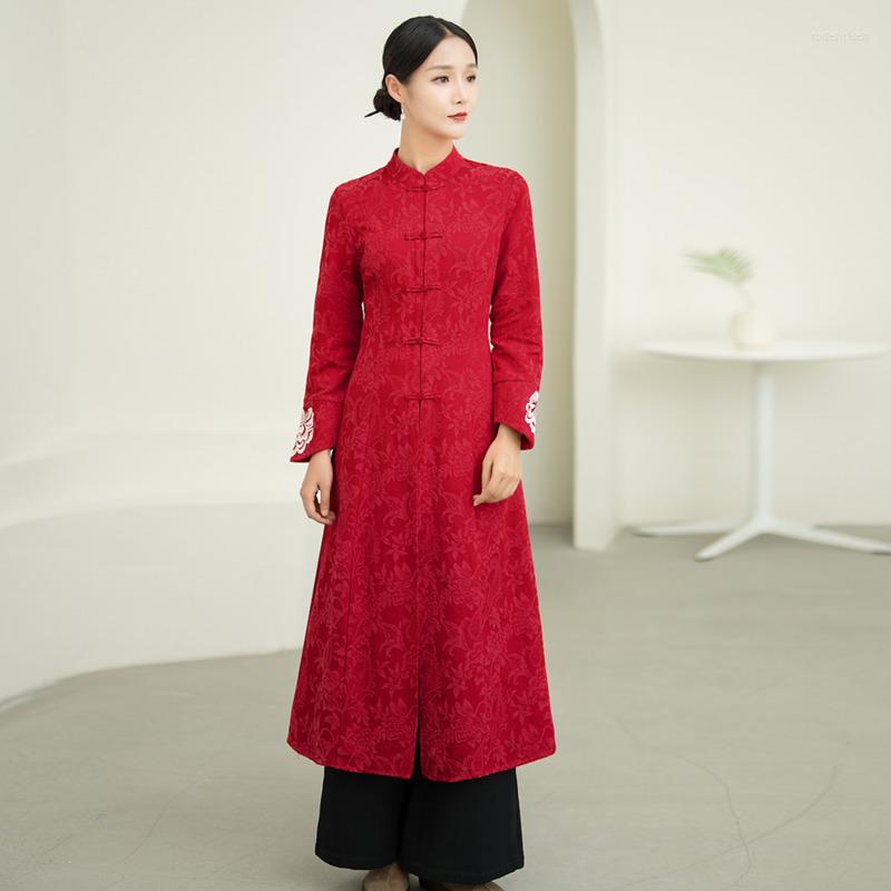 

Ethnic Clothing Chinese Styles Long Tang Suit Two Pieces Women Vintage China Traditional Vietnam Ao Dai Set Cotton Linen Embroidery