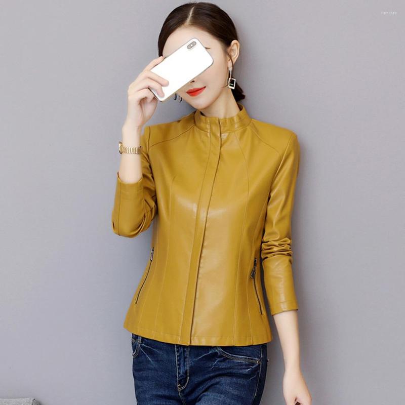 

Women's Leather Women Jacket Autumn Winter Fashion Stand Collar Long Sleeve Short Sheepskin Coat Slim Sheep Outerwear Female, Black