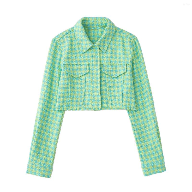 

Women's Suits 2022 Women Fashion Tweed Cropped Blazer Coat Vintage Long Sleeve Front Bejewelled Buttons Female Outerwear Chic Veste Femme, Light green
