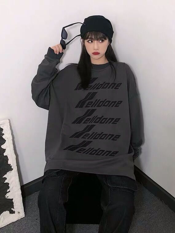 

We11done Bullet Screen Letter Long Sleeve T-shirt Men and Women Loose round Neck Casual Top Welldone Sweater, Gray
