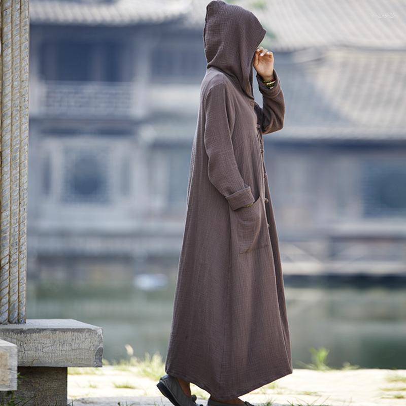 

Women's Trench Coats Women Traditional Chinese Clothing Hooded Long Buddhist Robes Cotton Linen Coat Blue Red Black Novelty Outwear