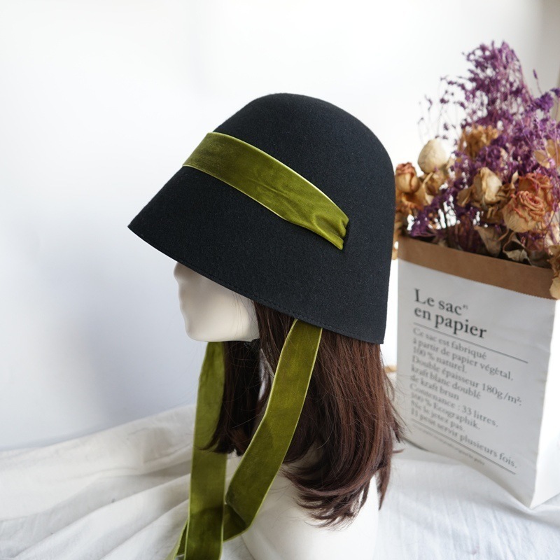 

Wide Brim Hats Bucket 11 panshi france style autumn winter Elegant color velvet strap lady bucket cap women fishermen hat 221119, Dark green