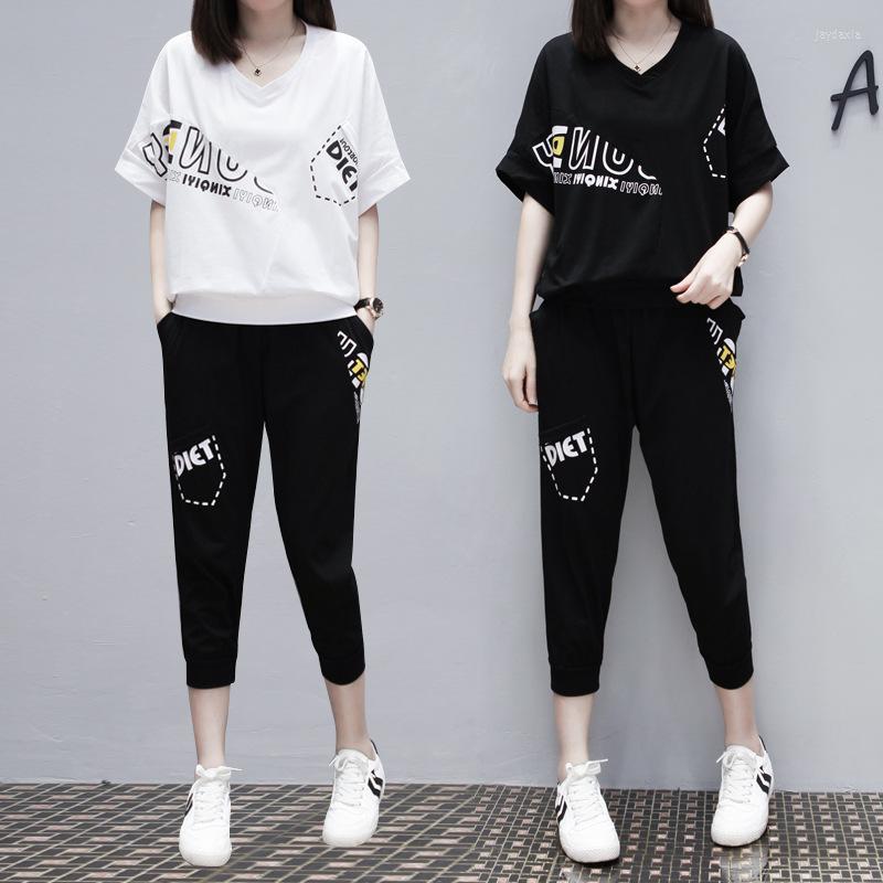 

Women's Two Piece Pants Summer Tracksuit Women Set Casual Loose Clothes Short Sleeve V-Neck T-Shirt And Sweat Suit Fashion Women's Sets, Black