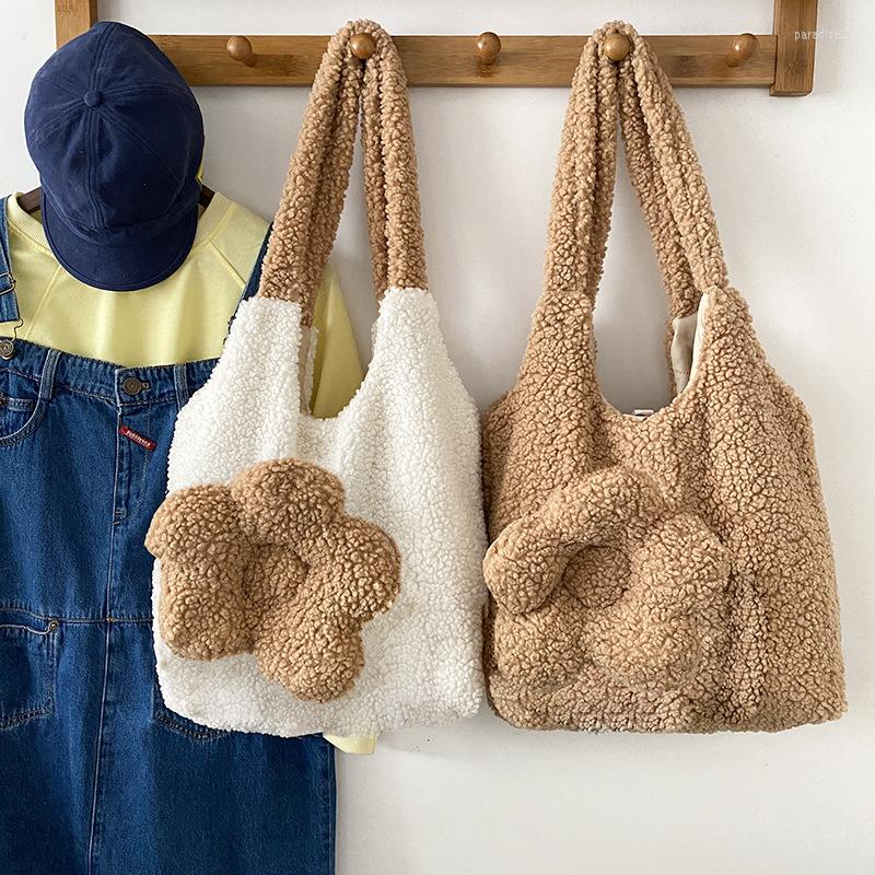 

Evening Bags 2022 Winter Soft Plush Handbags 3D Flower Tote Bag Women Imitation Lamb Hair Shoulder For Large Capacity Bolso, White