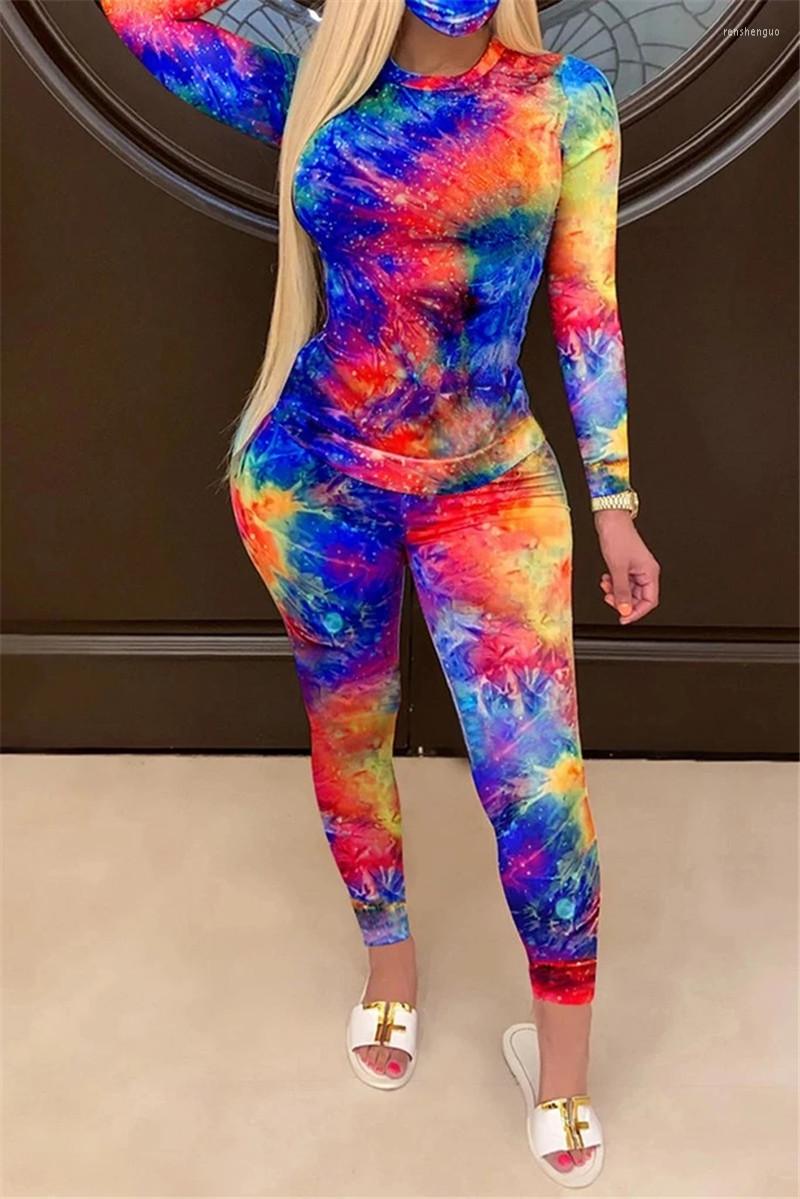 

Women' Two Piece Pants CHRONSTYLE Women 2PCS Tie Dyeing Print Clothes Sets 2022 O-neck T-shirt Tops High Waist Long Tracksuit Outfit 2 Set