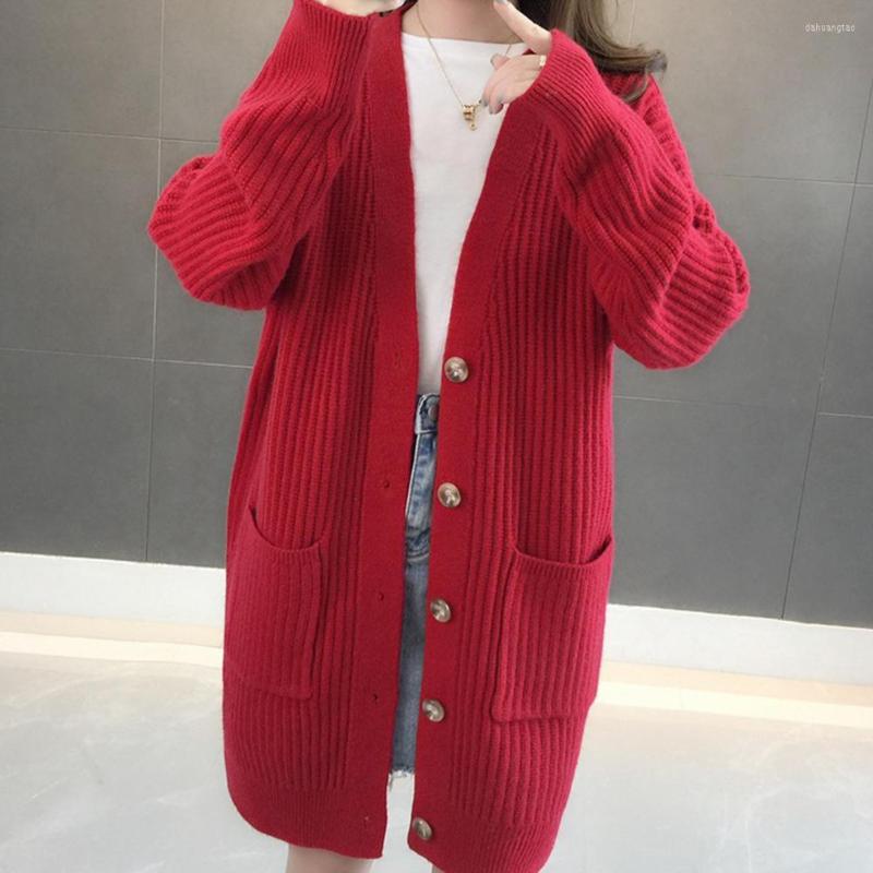 

Women's Knits Sweater Long Sleeve Two Pockets Ribbed Trim Single Breasted Knitted Jacket Autumn Winter Mid-Length Cardigan Female, Green