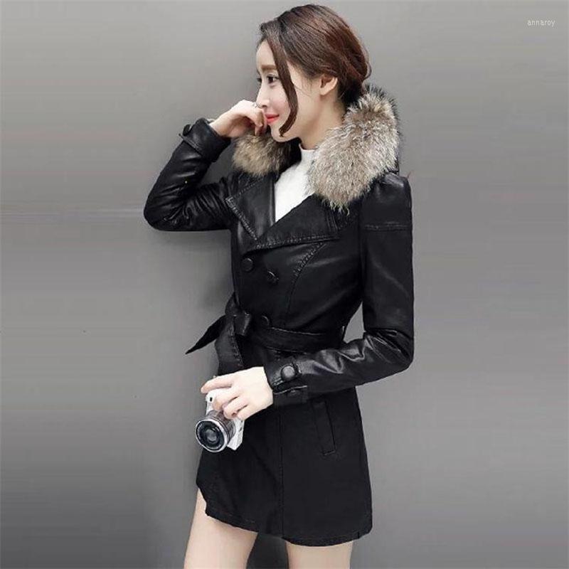 

Women's Leather Plush Thick Detachable Fur Collar Coat Women's Mid-Length 2022 Autumn And Winter Korean Slim, Black
