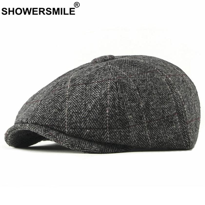

sboy Hats Sboy SHOWERSMILE Tweed Cap Men Wool Herringbone Flat Winter Grey Striped Male British Style Gatsby Hat Adjustable320w, Black