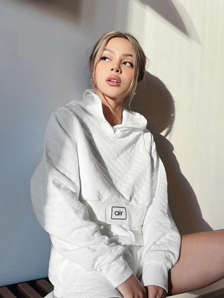 

Women' Tracksuits Autumn Fashion 2 Piece Sports Clothing Suit Long Sleeves Hooded Sweater And High Waist Shorts Set Checkered White Female