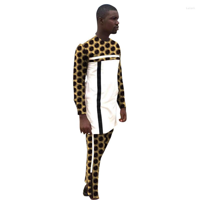 

Ethnic Clothing Strips Set Patchwork Design Shirts Trousers African Print White Tops Men's Outfits Groom Suits For Weding