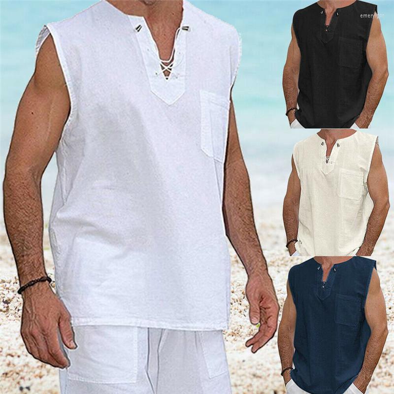 

Men's Tank Tops Summer Casual Men's Cotton Linen Vest Sleeveless V-Neck Loose Tanks 2022 Design Solid Color Men Pullover, Khaki