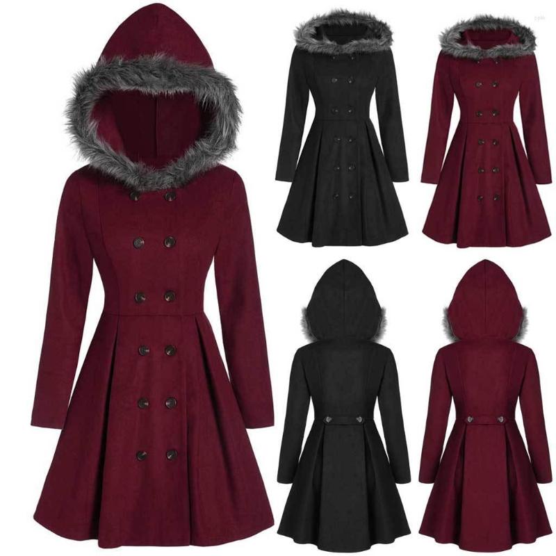 

Women' Trench Coats Women Plush Winter Double Breasted Faux Fur Hooded Mid-Long Overcoat Female Plus Size Slim Long Sleeve Fall Warm Jacket, Black