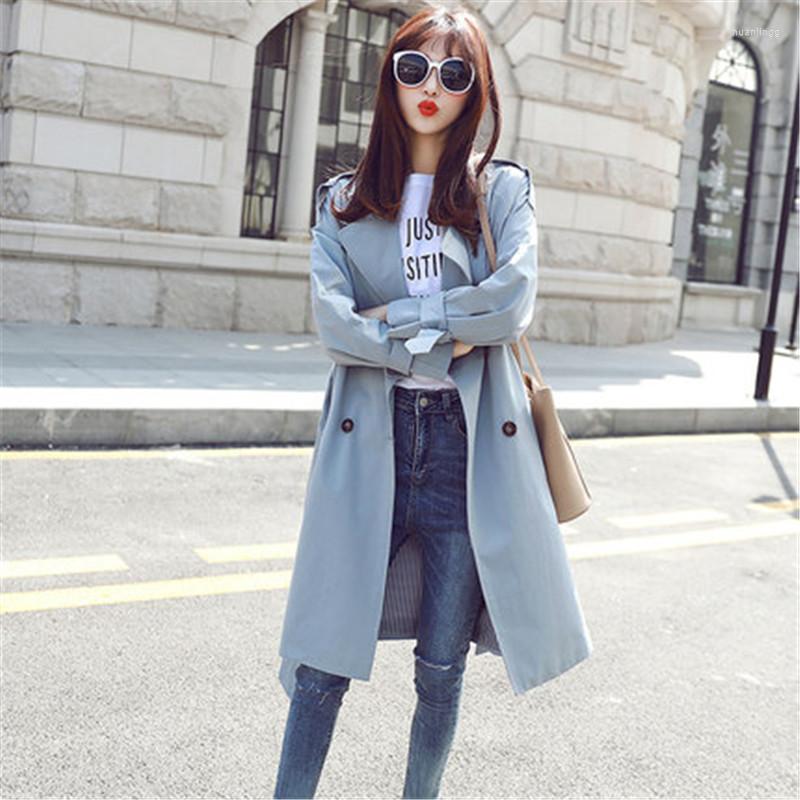 

Women's Trench Coats Windbreaker Female LongSectionSpring Korean Version Of The BigSize Wild Loose Women's Long-Sleeved Retro Blue 82