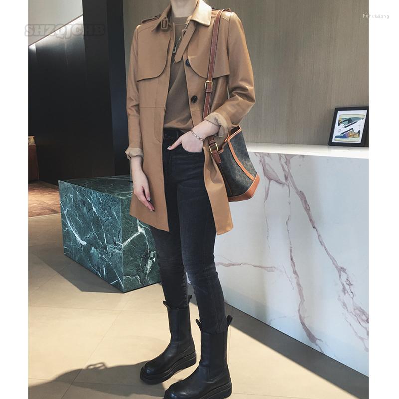 

Women' Leather Classic Genuine Lapel Middle Caramel Black Natural Strap Straight Belt Trench Coat Temperament