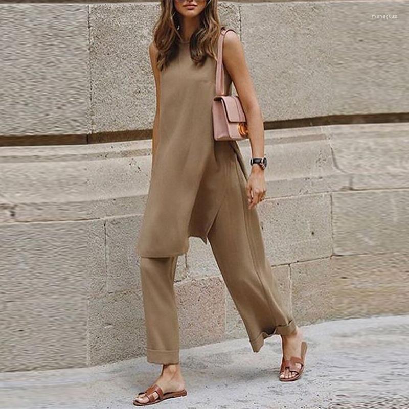 

Women' Two Piece Pants Women' Solid Long Sets Summer O-neck Top Suit Casual Streetwear Sleeveless Elegant Office Lady, Black