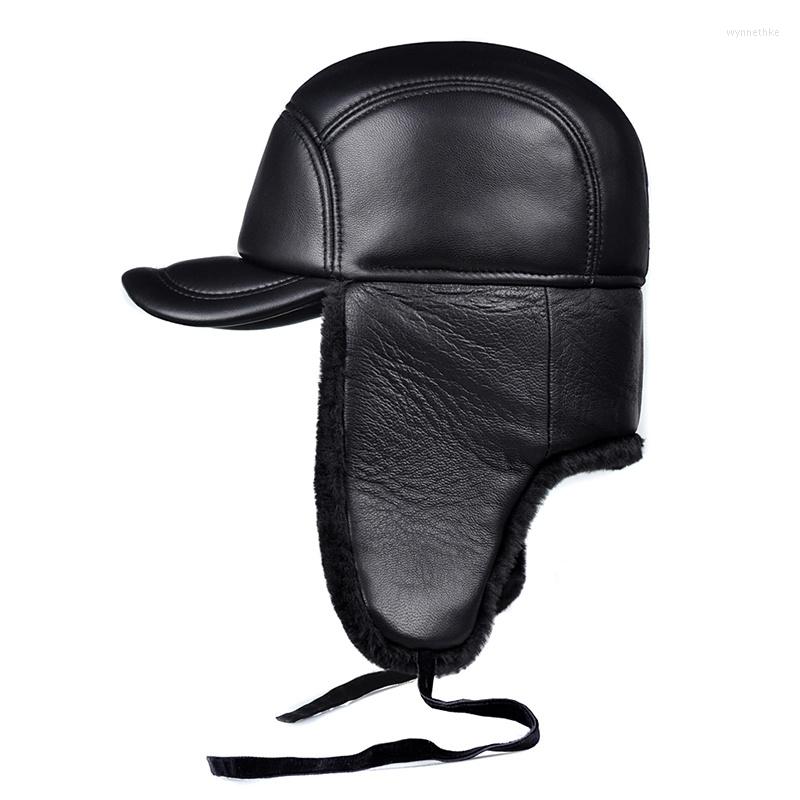 

Berets Male Female Winter Warm Ear Protection Bomber Hat Man Woman Genuine Leather Faux Fur Inside Black Ultra Large Size 55-60cm Caps