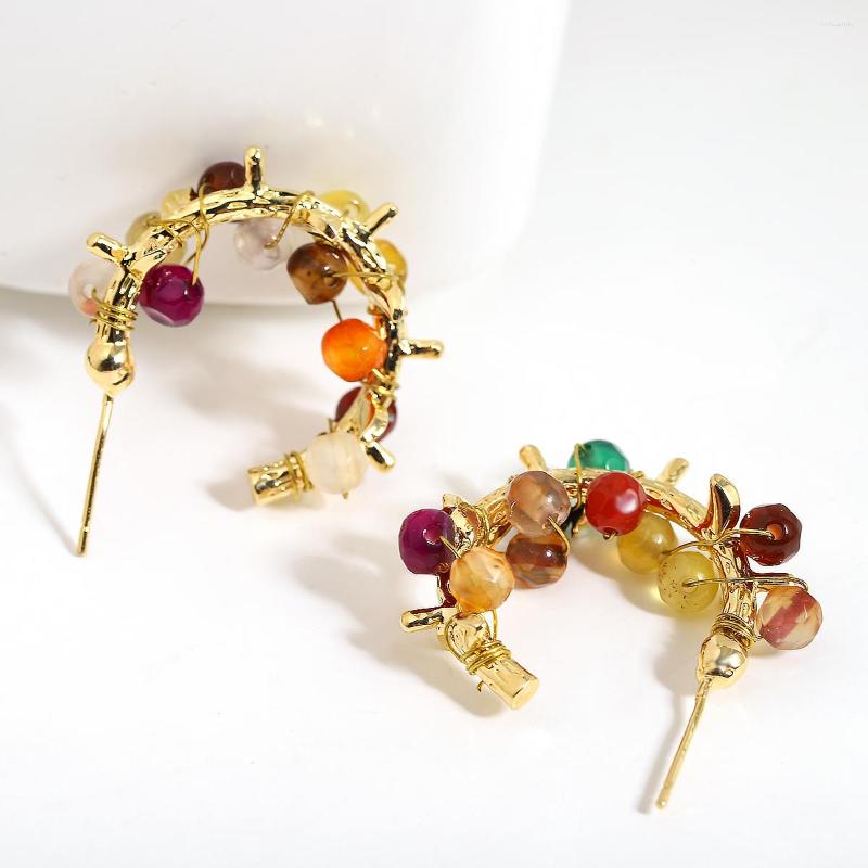 

Hoop Earrings AENSOA Handmade Twined Colorful Natural Stone Crystal Round Gold Color Copper Alloy For Women Jewelry
