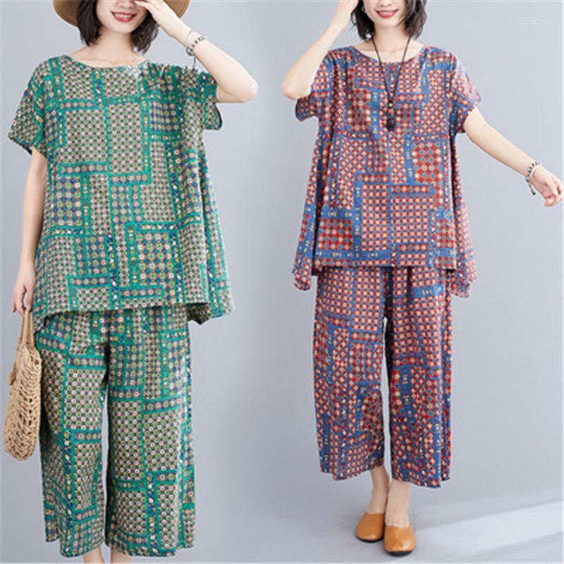 

Women's Tracksuits Summer 2022 Fashion Large Size Cotton And Linen Fine Flower Suit Female Casual Round Neck Top Big Trousers Two-Piece Tide, Red